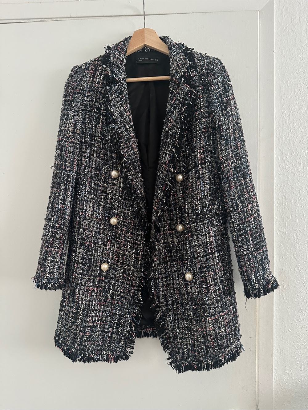 Zara Black Tweed Double-Breasted Blazer with Pearl Buttons